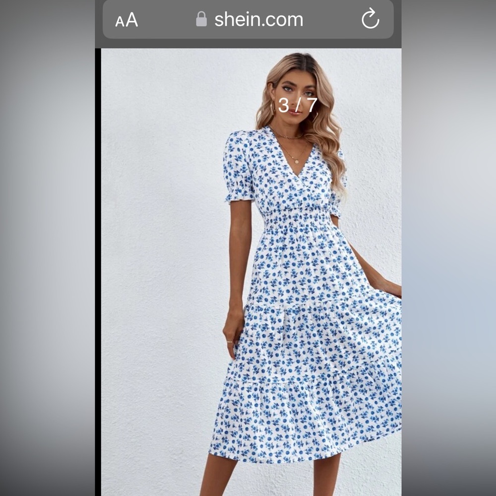 SHEIN Floral Print Ruffle Hem Shirred A-Line Dress